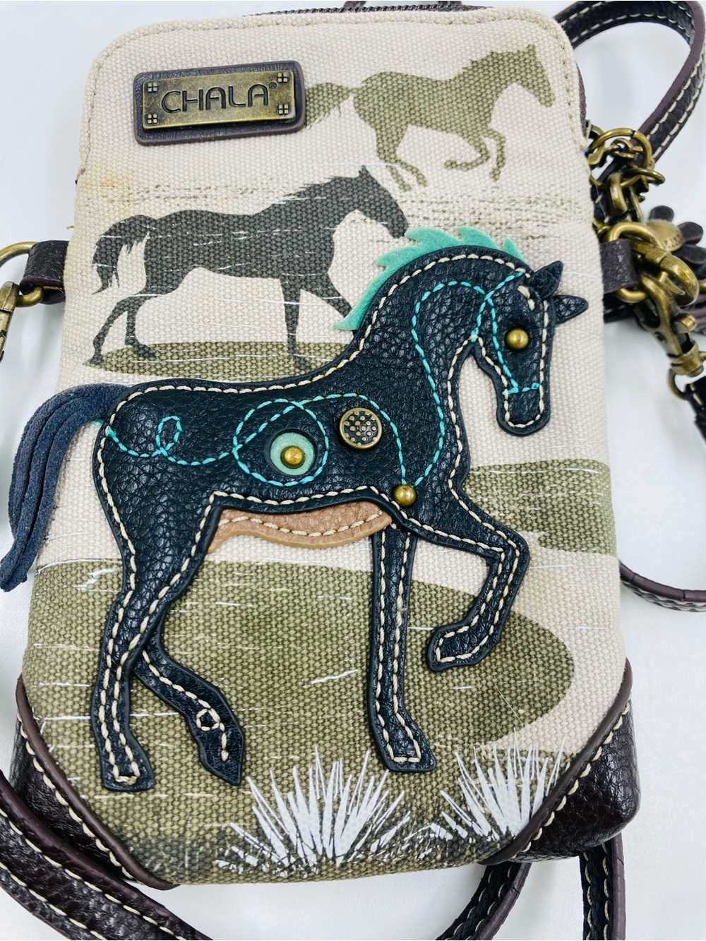 Chala Leather Canvas Horse Convertible Crossbody Purse Shoulder Bag - Picture 6 of 7
